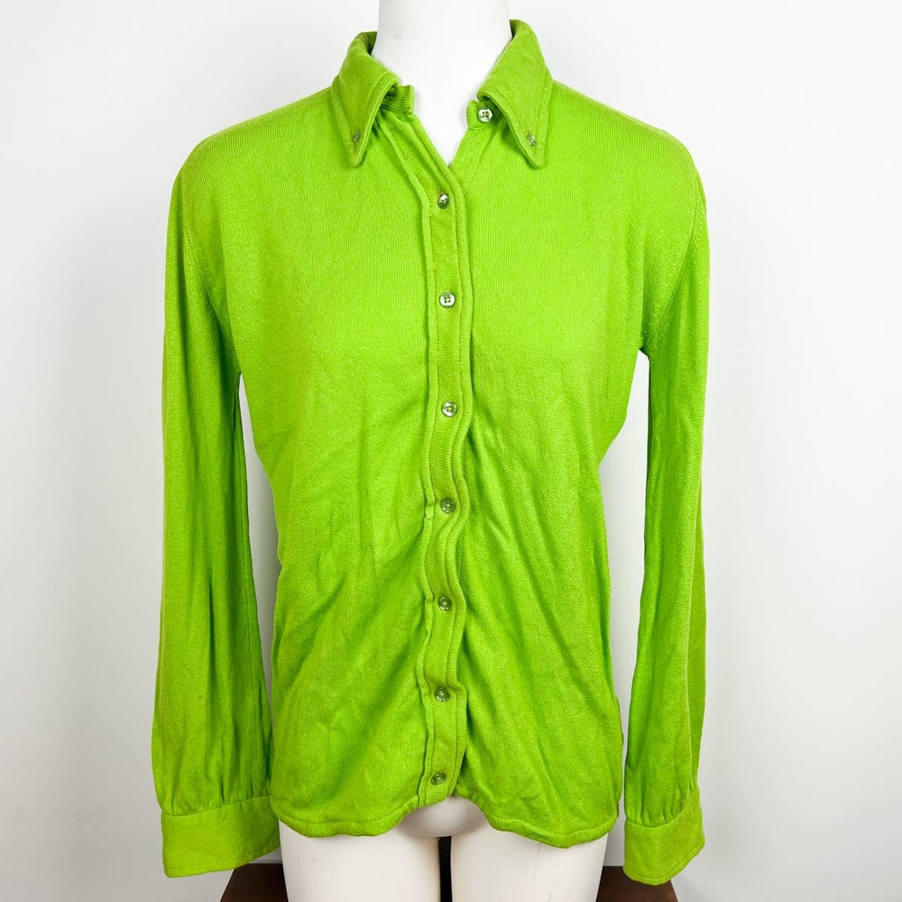 Full Fashion Vintage 100% Cashmere Green Button Down Shirt Blouse Top Women Sz M
